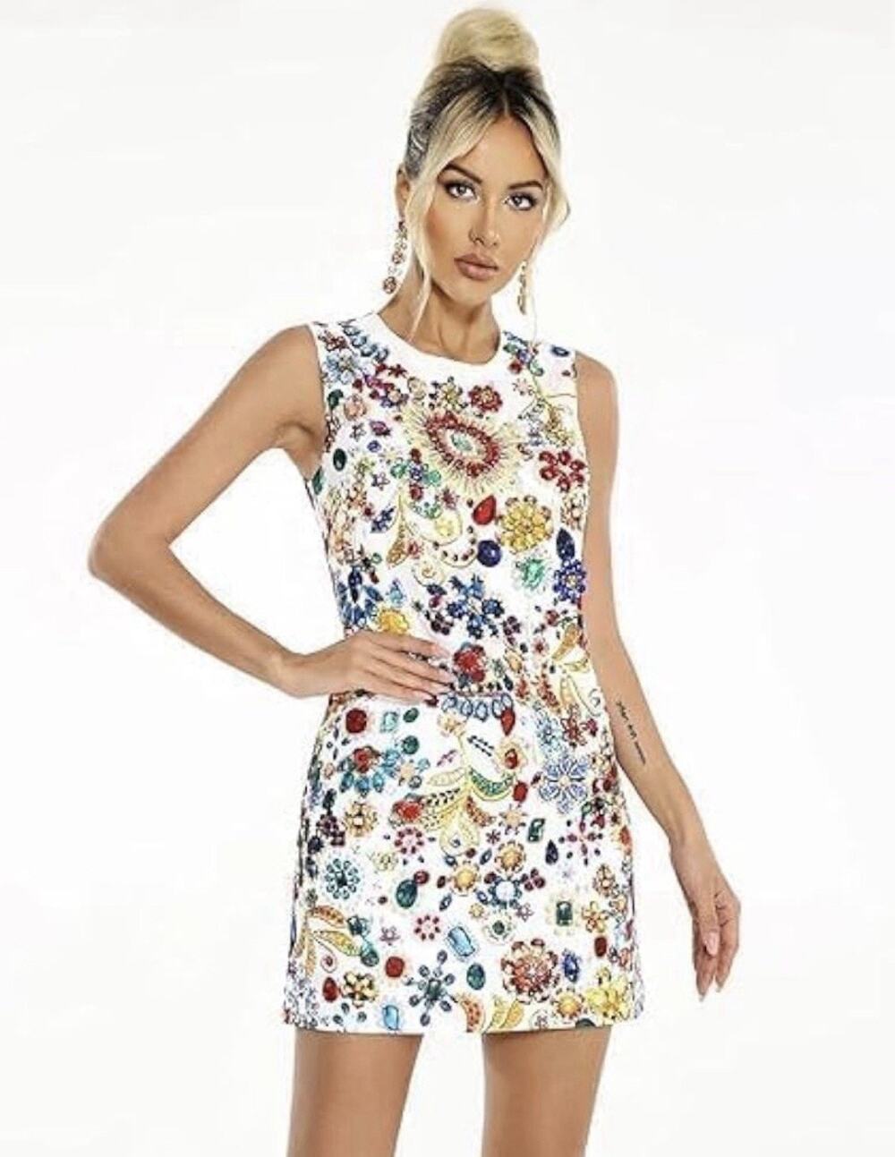 Bella Barnett Glam Geo Diamante White Jewelled Studded Mini Dress
